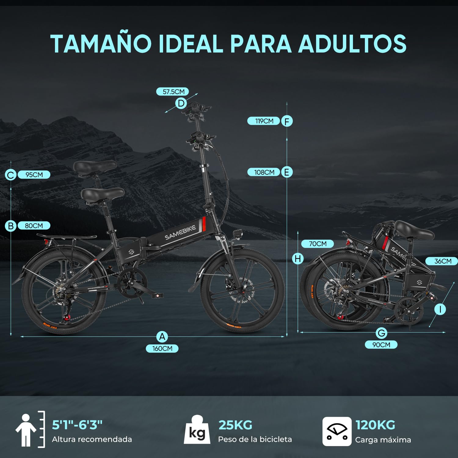 SAMEBIKE Bicicleta Eléctrica Plegable 20'' 250W Motor sin escobillas eBike para Commuting 48V 10Ah batería extraíble Electric Mountain Bike sillín Ajustable 80km autonomía máxima ebike Urbana