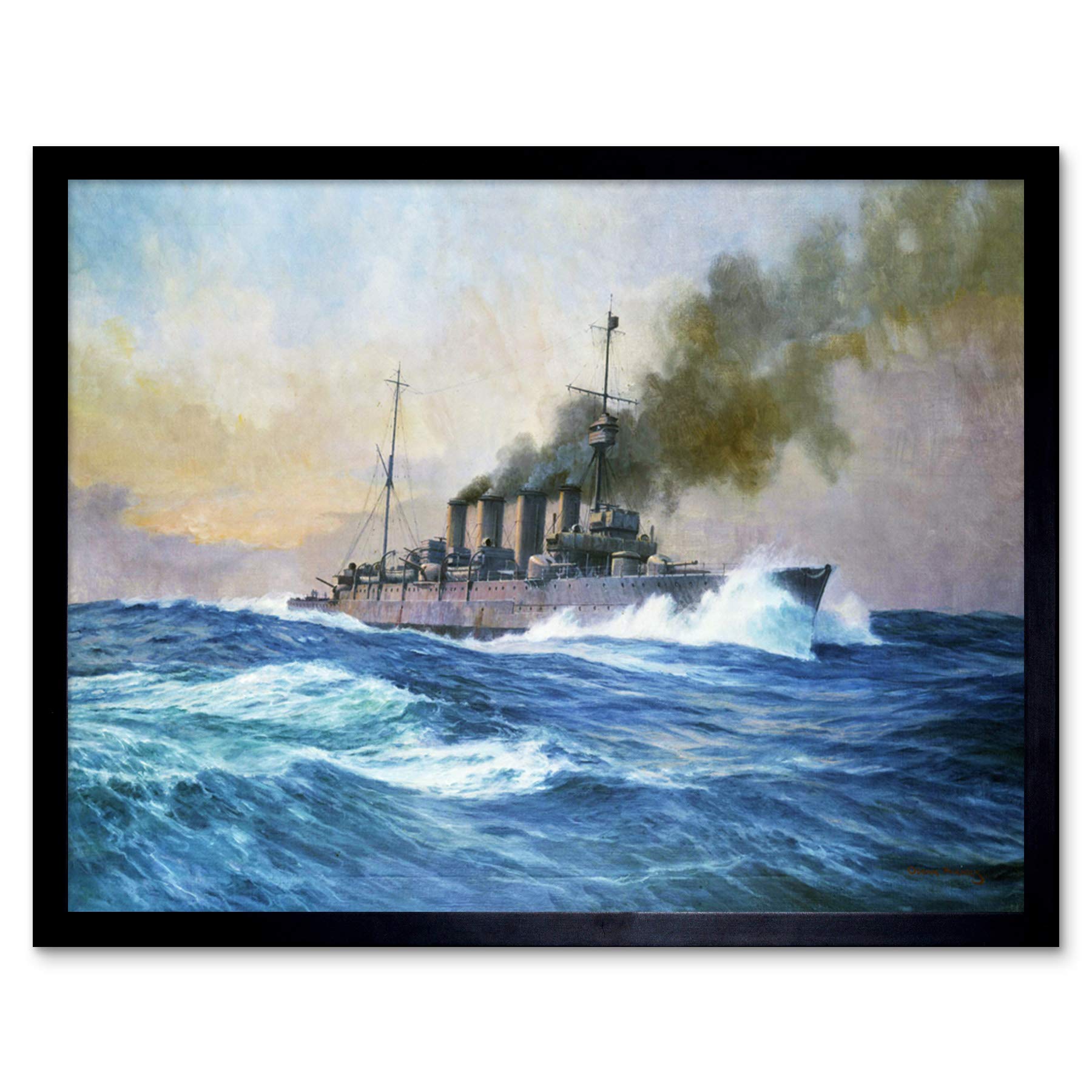 Parkes HMS Southampton Battle Jutland War Ship Painting Art Print Framed Poster Wall Decor 12x16 inch