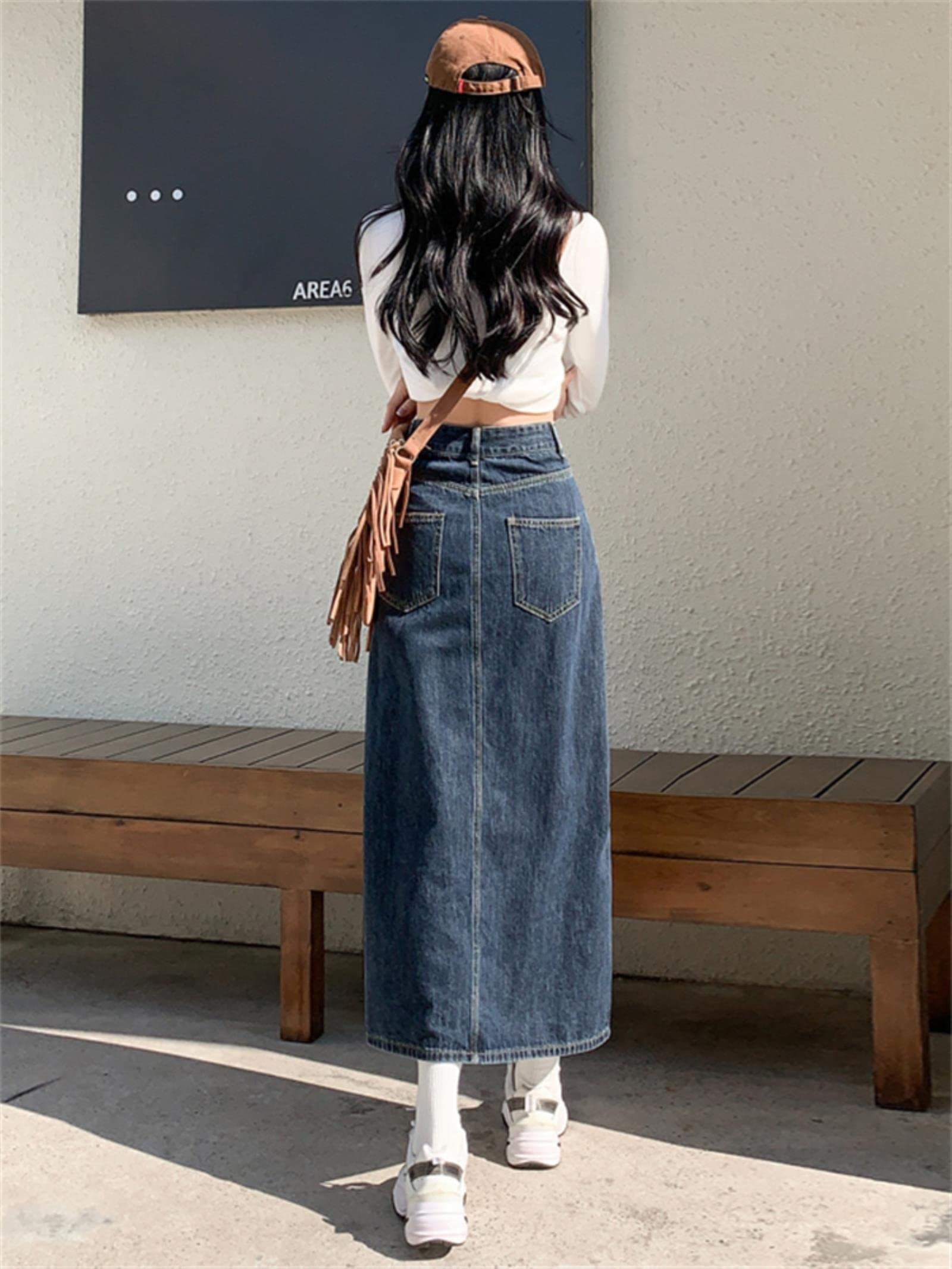 TOBILE Jupes rétro bleu mi-longue jupe en jean pour femme printemps et été nouveau style urbain simple poche droite fendue A-Line jupe femme