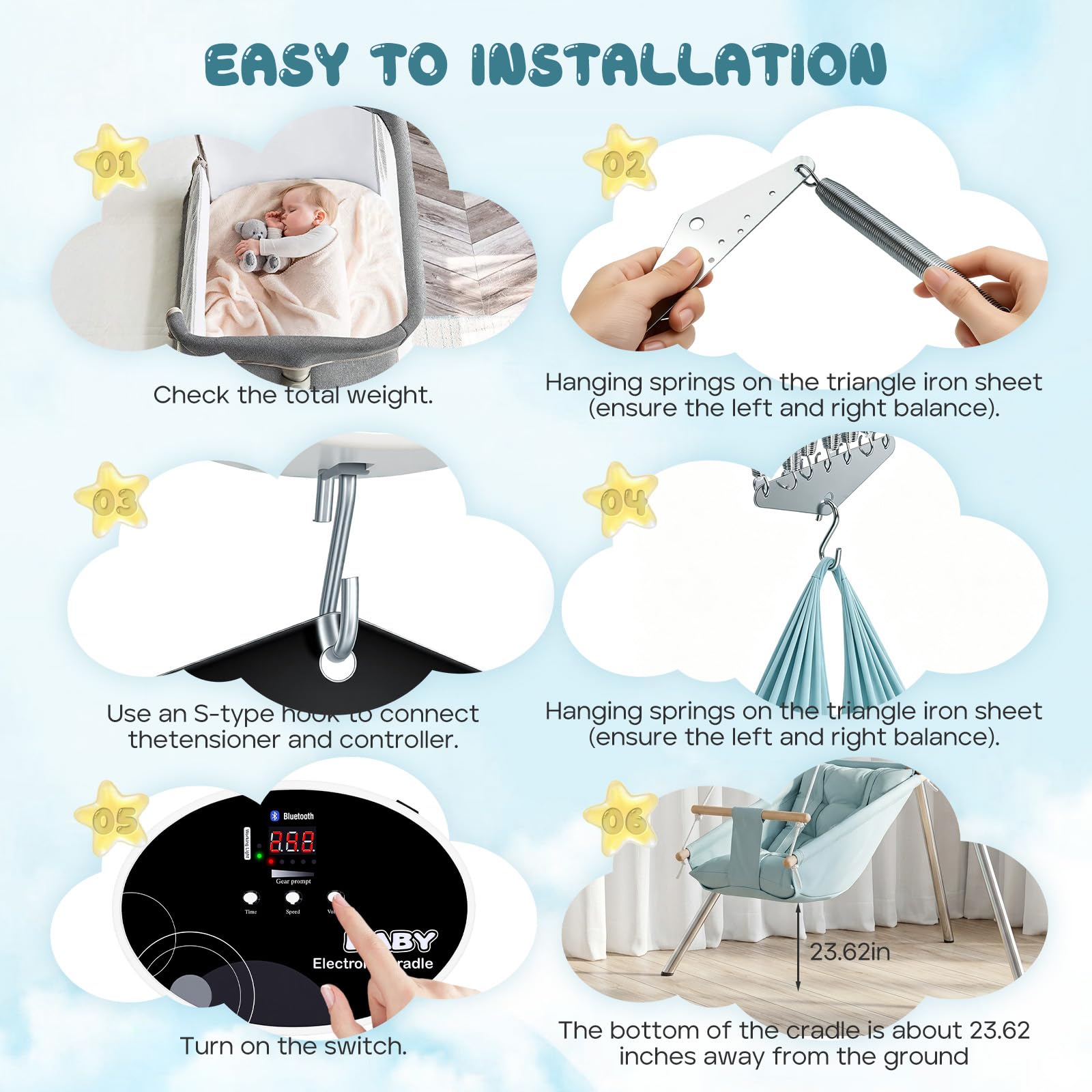 Controlador de columpio eléctrico para bebés recién nacidos, motor de columpio de resorte capacidad de carga de 20 kg, control de hamaca colgante para bebé con función de temporizador y música(Negro)