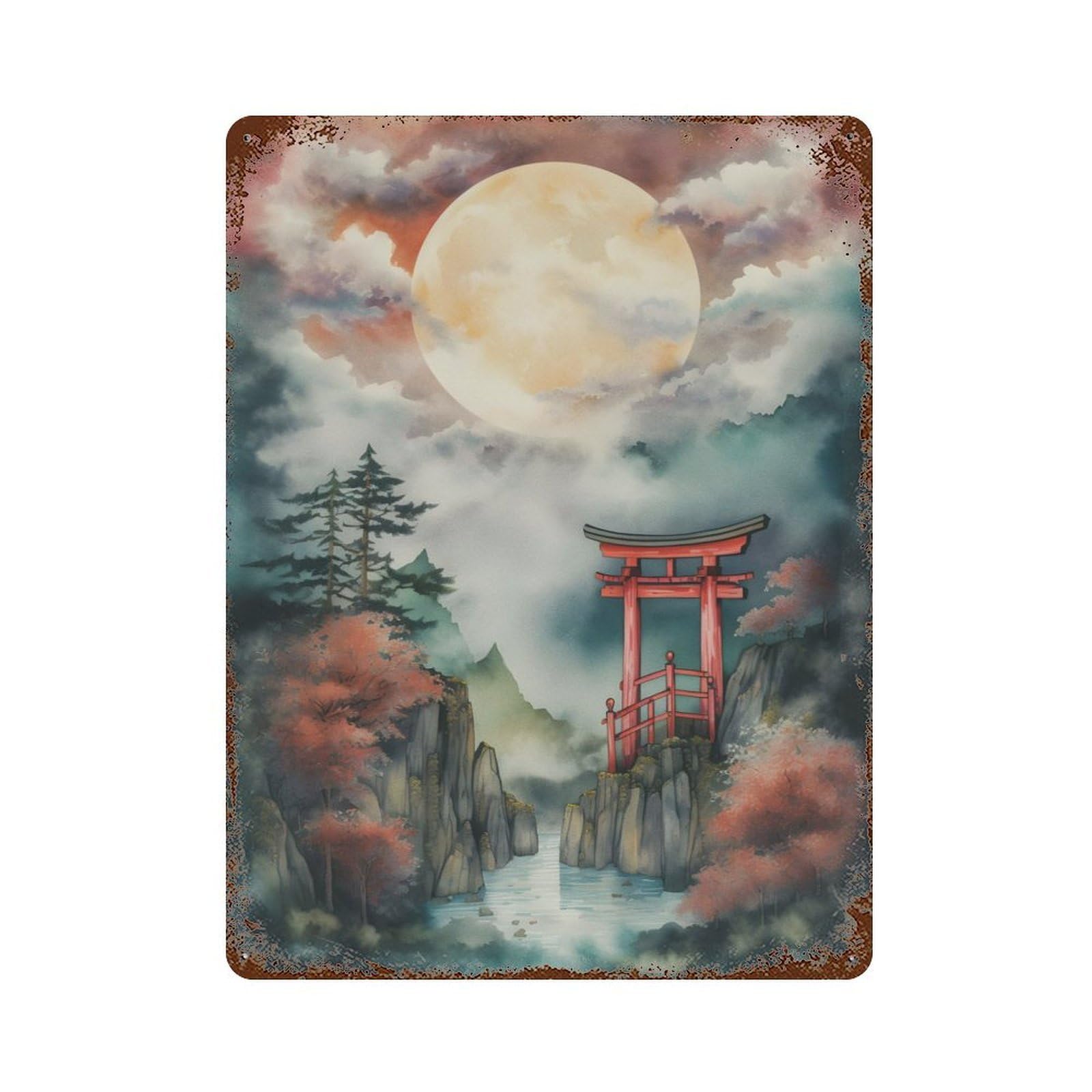 Garage Style Torii Gate in Japan Weathered Tin Sign 15.7"x11.8", Classic Wall Plaque for Bar And Workshop