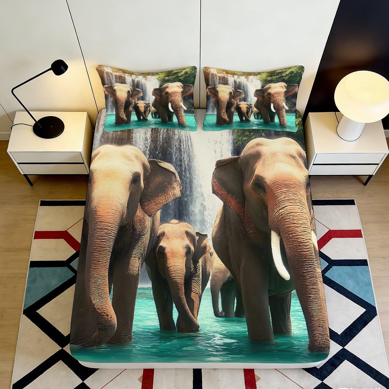 3D Printed Elephant Waterfall Fitted Sheet Microfiber Soft Breathable Forest Animal Bed Cover for Bedroom Dormitory Guest Room Mattress Protection Decor 140x200x25cm