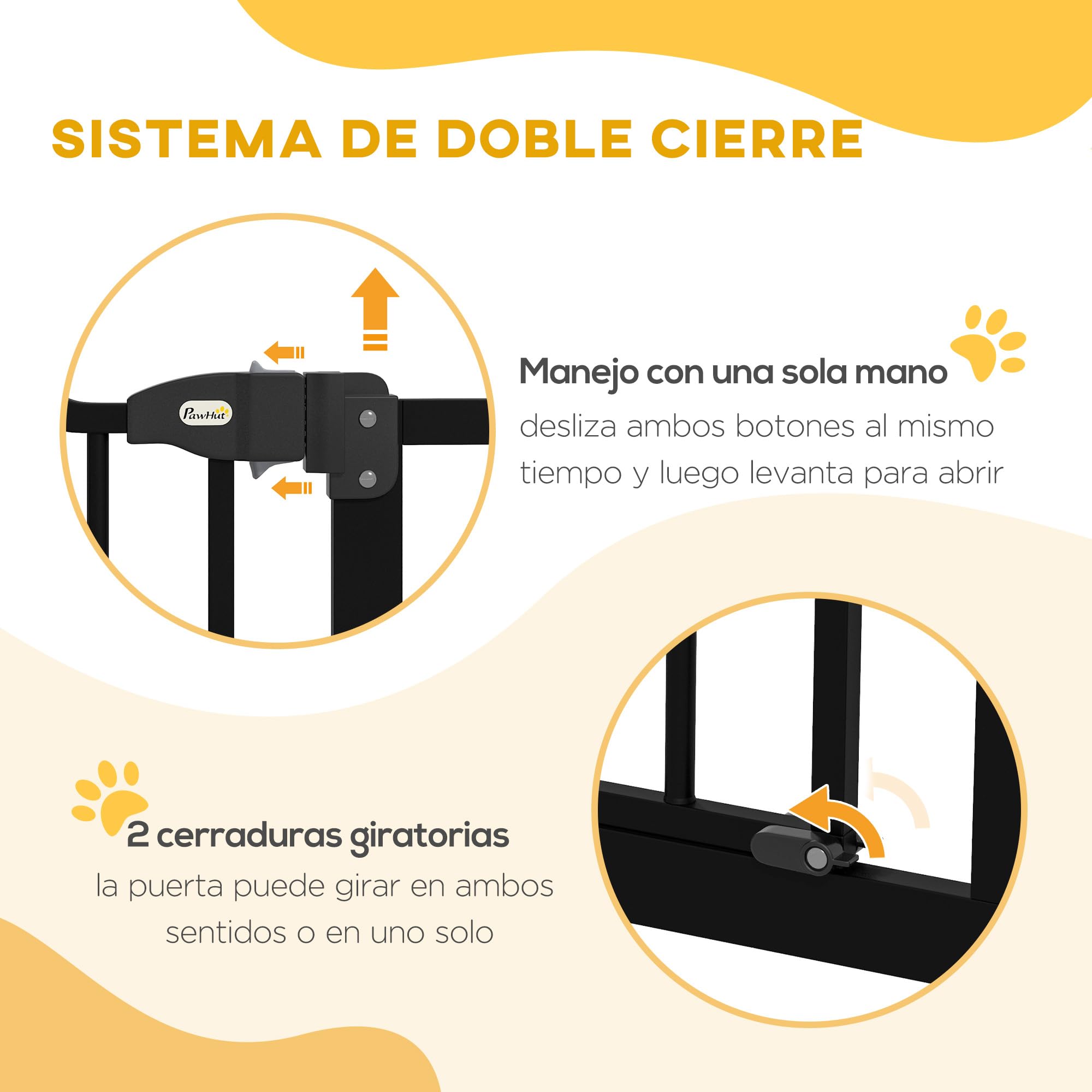 PawHut Barrera de Seguridad para Perros Extensible 74-100 cm, para Puertas y Escaleras, Barrera para Perros Medianos con 2 Extensiones 7/14 cm, Montaje a Presión y Doble Bloqueo, Negro