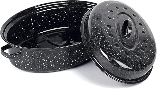 Asadera de 14.6 pulgadas con tapa, asador ovalado cubierto, olla de acero al carbono esmaltado, excelente distribución del calor y no pegajosa, para
