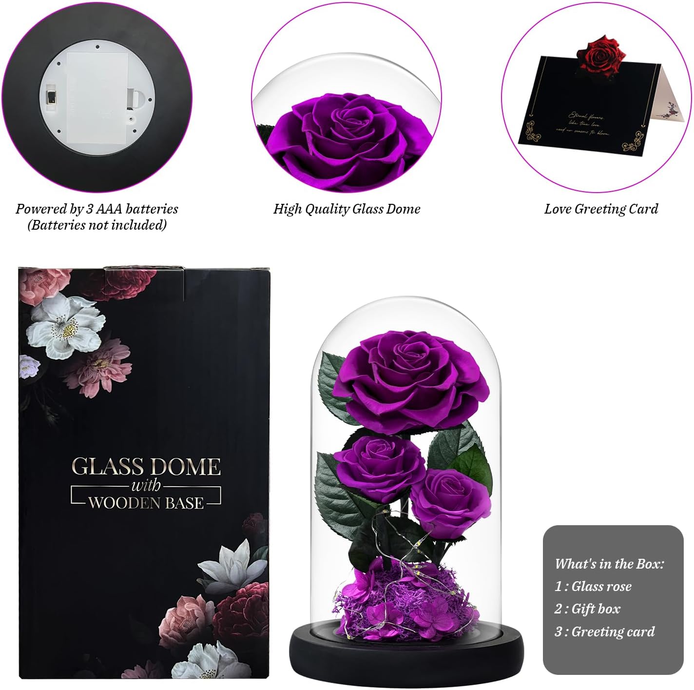 3 Preserved Flowers Roses in Glass Dome with Light for Beauty and The Beast Decor Real Rosas Eternas for Women Mom Birthday,Forever Purple Roses for Delivery, for Wife Girlfriend Her - Image 4