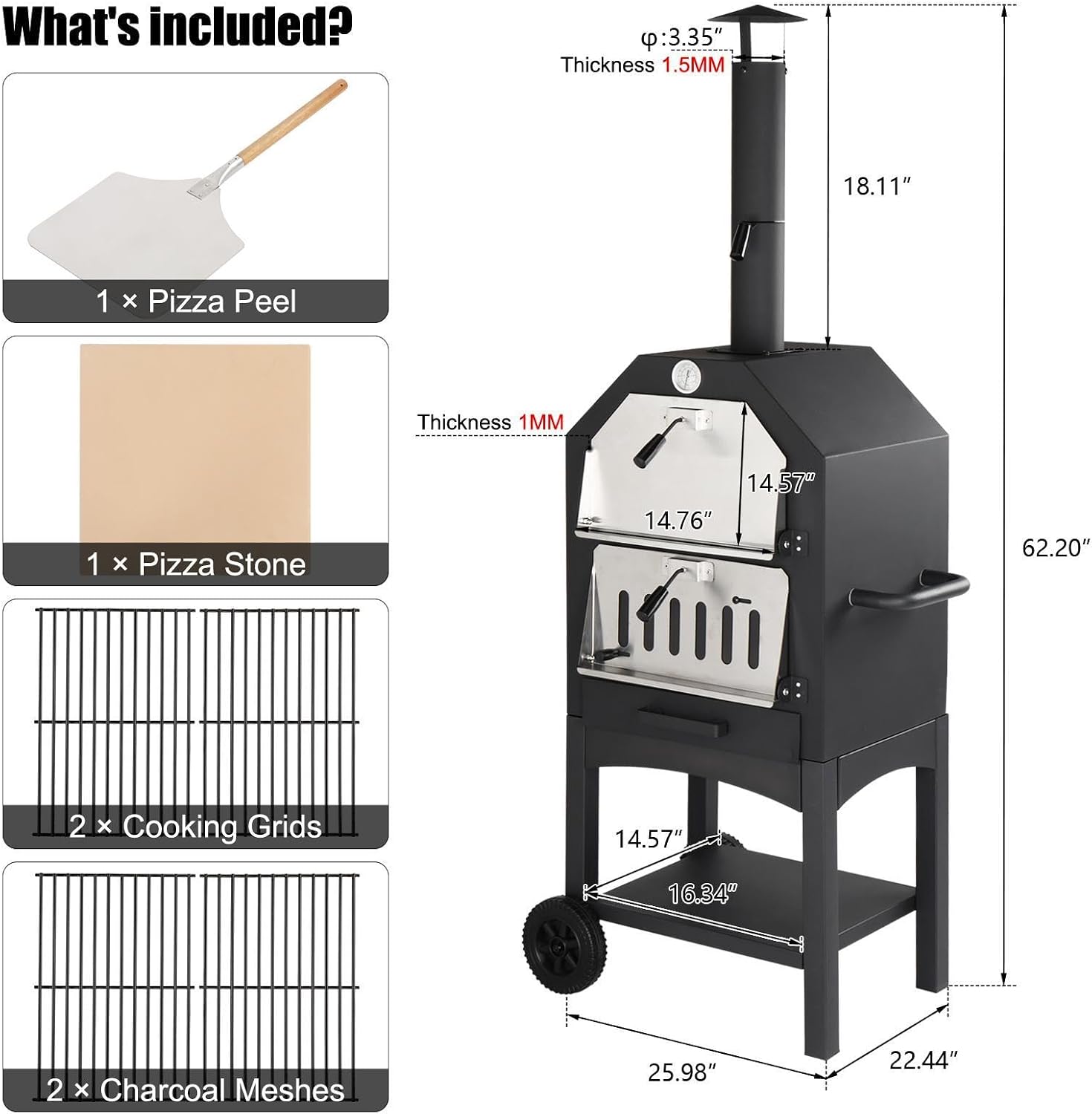 Outdoor Wood Fired Pizza Oven Grills Outdoor CookingOutdoor Ovens,with Pizza Stone,Pizza Peel, Grill Rack, for Backyard and Camping66*57 * 158cm