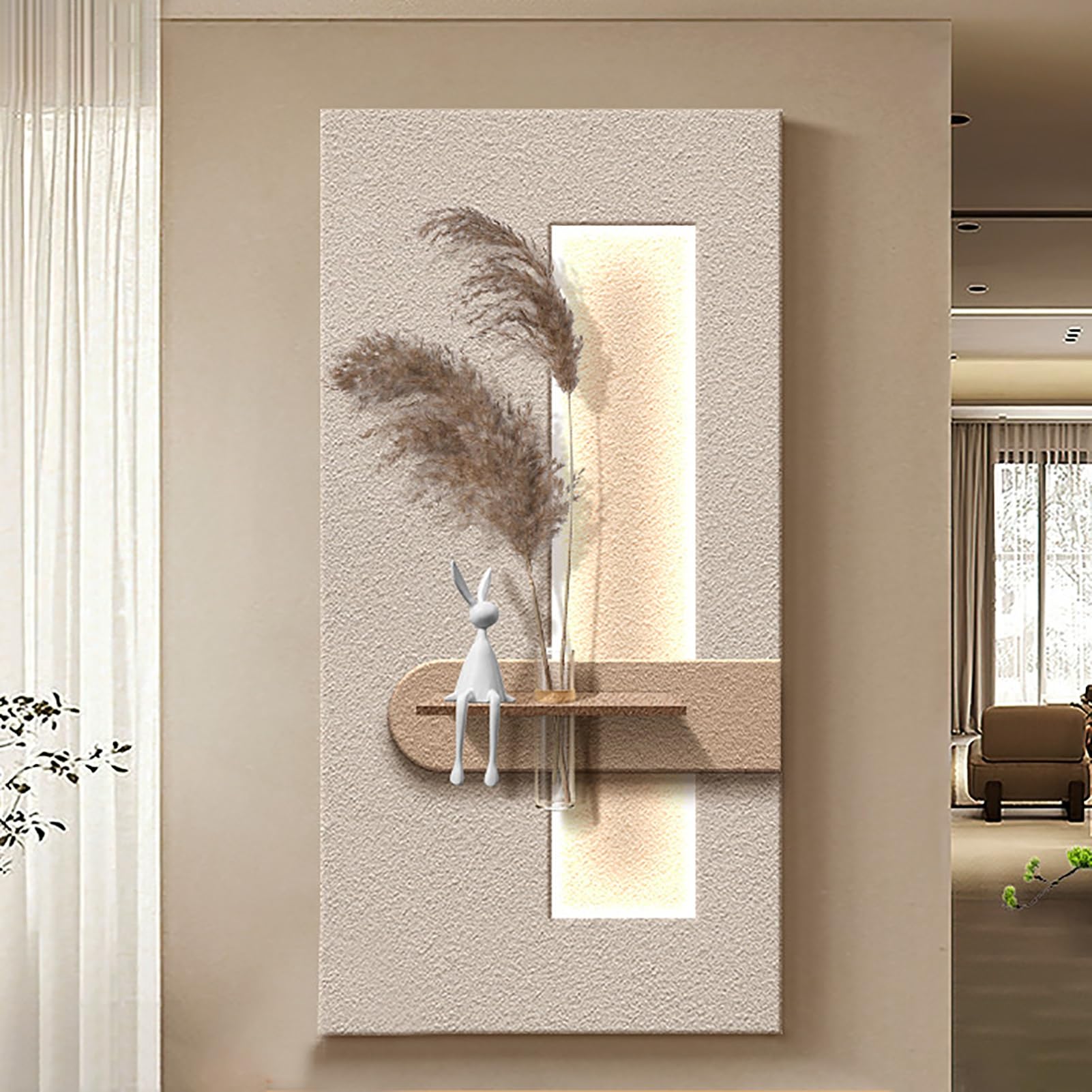 Décoration murale 3D de prestige en grès blanc et éléments végétaux