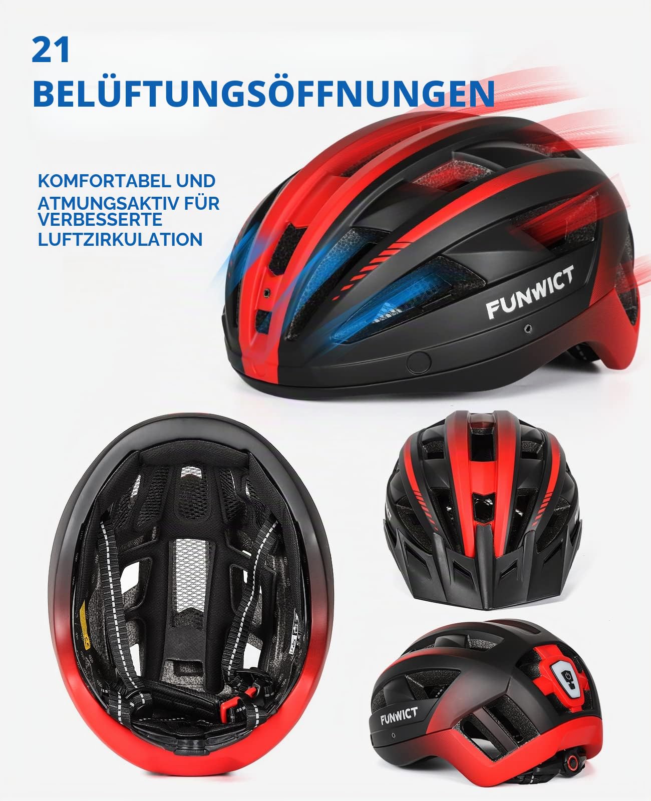 Fahrradhelm mit Visier für Herren Damen, Leichte Fahrradhelm mit Magnetischem Brille und USB-Aufladung LED Licht, Stylisch Mountainbike Helm Größe M/L/XL (L: 57-61 cm, Schwarz und Rot)