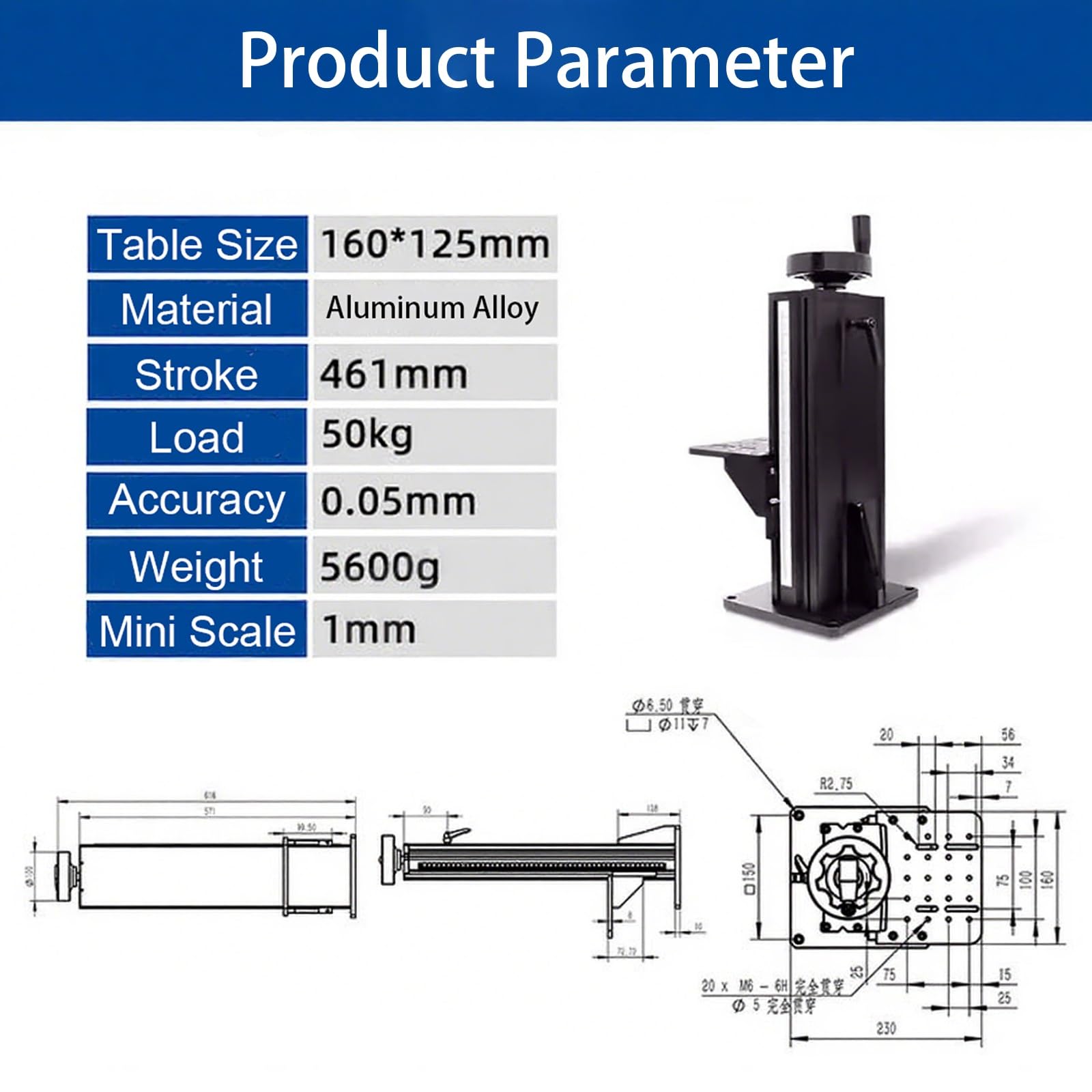 Plataforma de elevación Z-Axis para experimentos ópticos, carrera ajustable con columna de tornillo tipo T de aleación de aluminio, deslizamiento de desplazamiento de 45 cm para aplicaciones de
