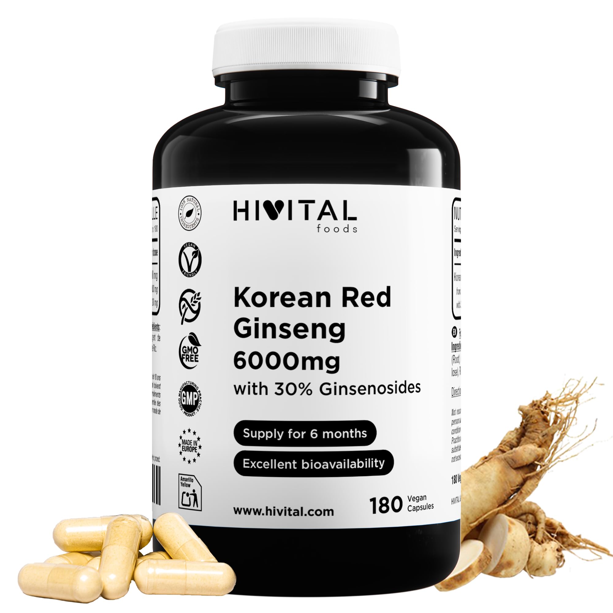 Ginseng Rosso Coreano 6000 mg. 180 capsule vegane per 6 mesi di trattamento. Estratto naturale di radice 15:1 con il 30% di ginsenosidi per capsula. Prodotto in Europa da HIVITAL