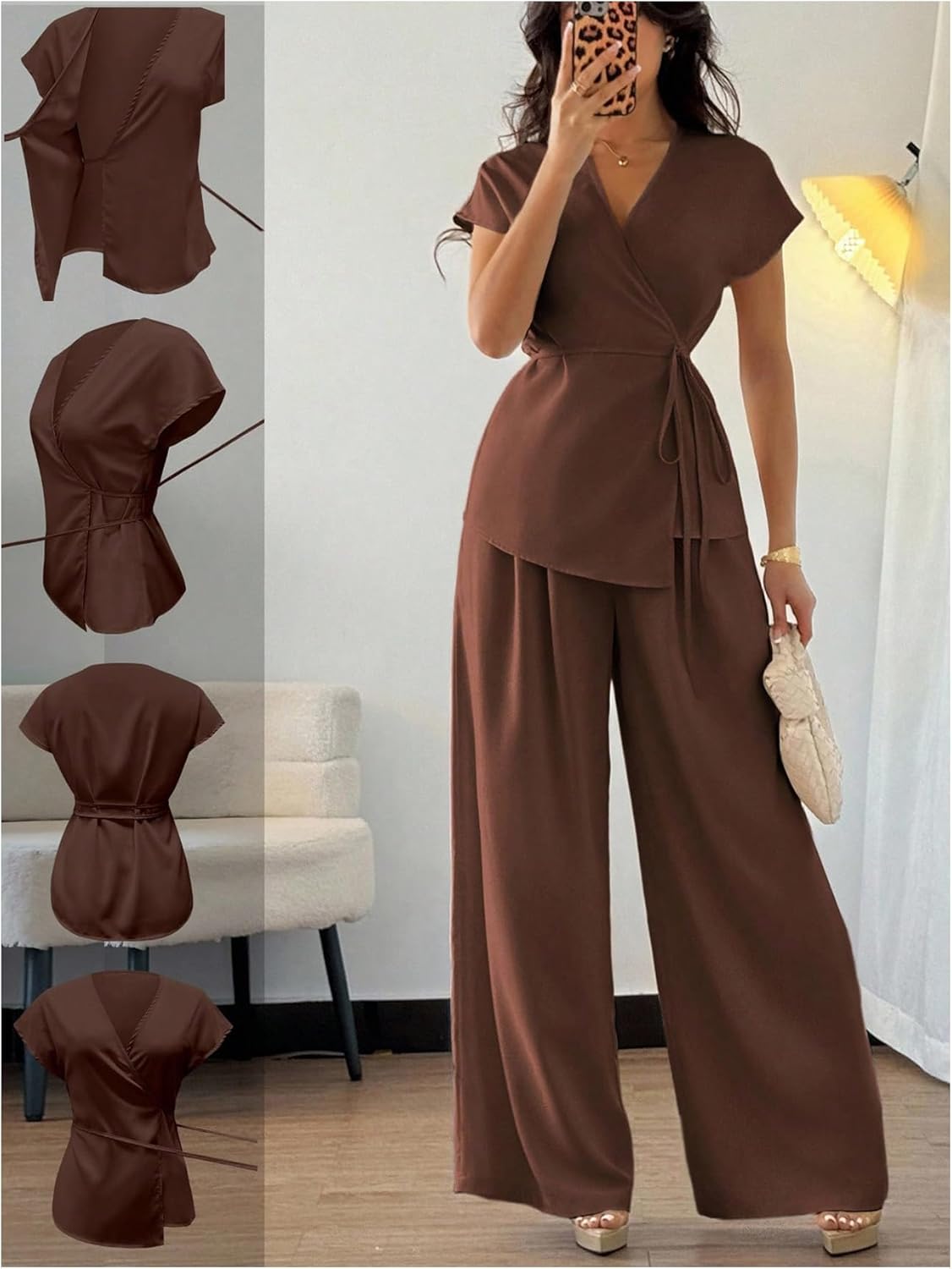 MakeMeChic Women's Elegant 2 Piece Outfits Short Sleeve V Neck Belted Blouse and Pants Clothing Set - Image 2
