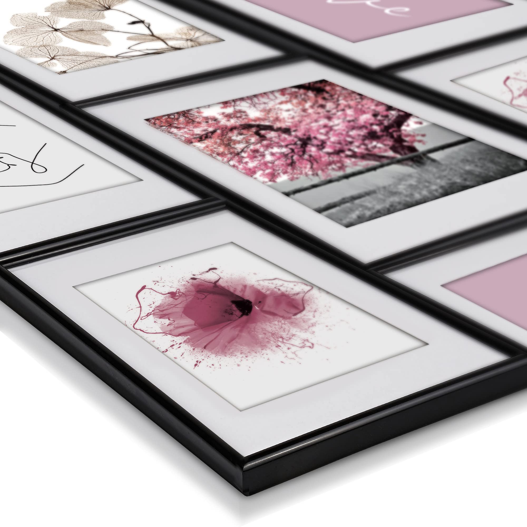 bomoe Bilderrahmen 24-teilig für Fotocollagen mit Passepartout | 10x10x15cm 8x13x18cm 4x15x20 2x20x30 Schwarz Kunststoff & Kunststoffglas Bilder Rahmen Fotocollage Wand Blossom