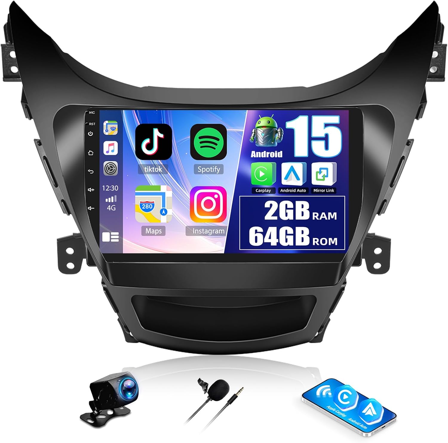 2G+64G for Hyundai Elantra 2011 2012 2013 Android 15 Car Stereo 9 Inch Touch Screen with Wireless CarPlay Android Auto Mirror Link 26UI Bluetooth FM GPS Navigation WiFi SWC Backup Camera