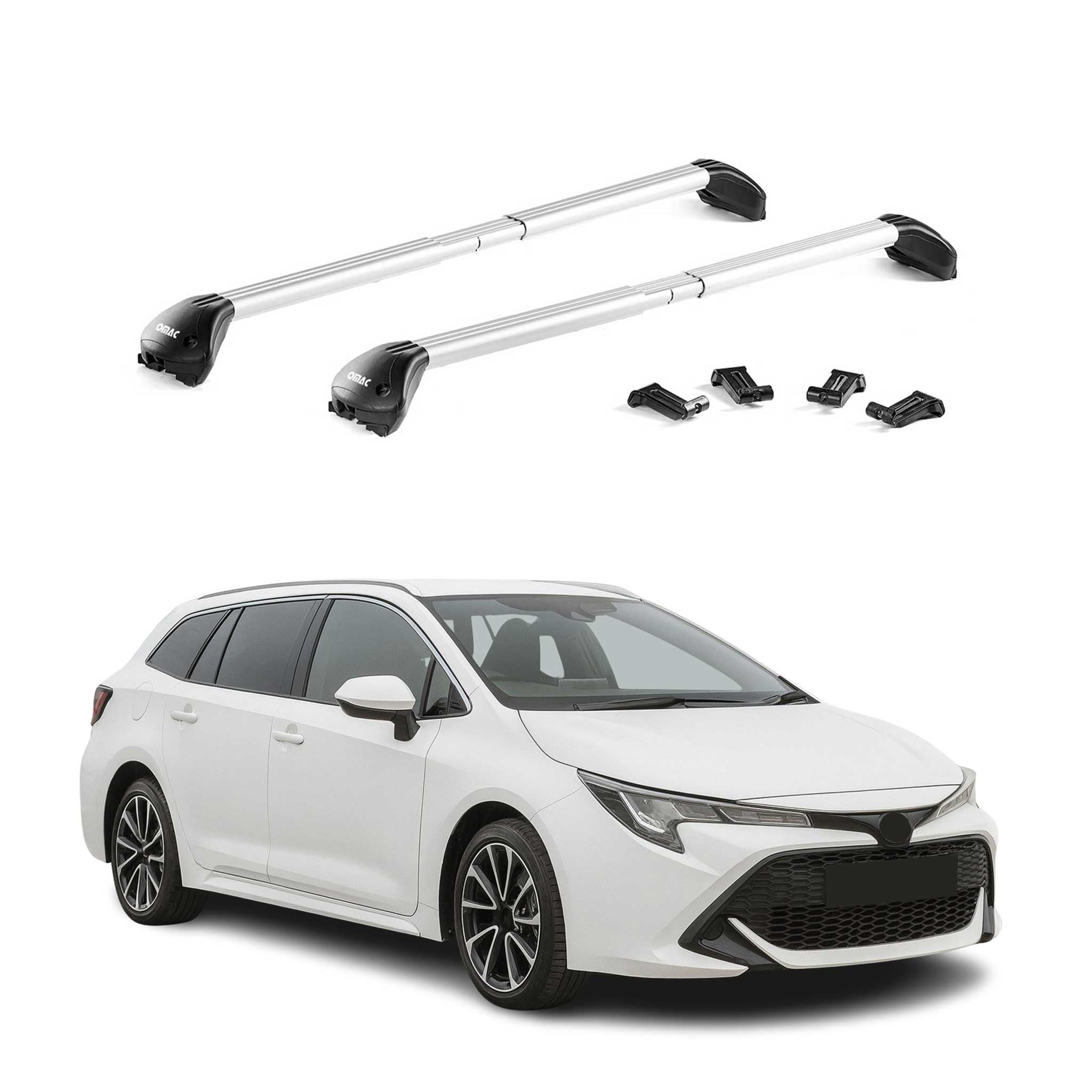 OMAC Barres de Toit transversales certifiées TÜV pour Toyota Corolla mk12 Break 2019-2026 – Verrouillables (4 antivols) – Charge Max 100 kg – Fixation Durable Argent