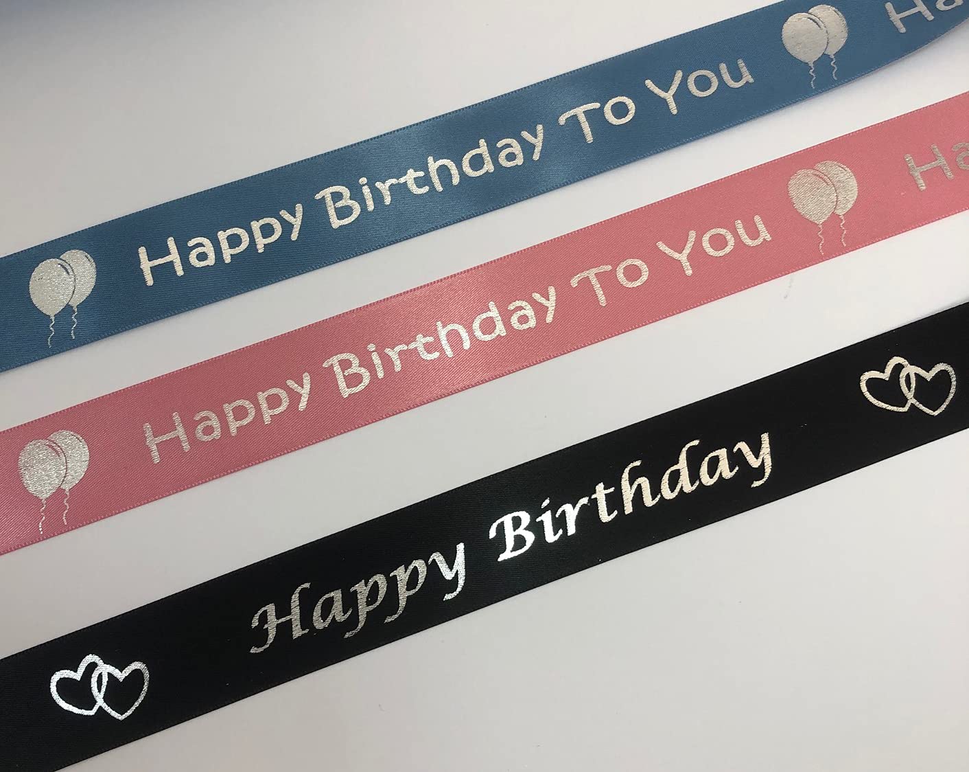 Ribbon Writer Black 25Mm Satin Ribbon Printed With 'Happy Birthday' In Metallic Silver, 1 Metre Cut From Roll