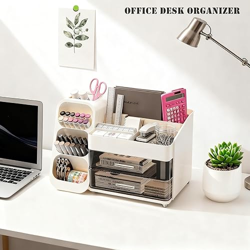 Miniatura 7 de Organizador de maquillaje con soporte para brochas para tocador, espaciosa vitrina de cosméticos con 2 cajones, el organizador de tocador de baño