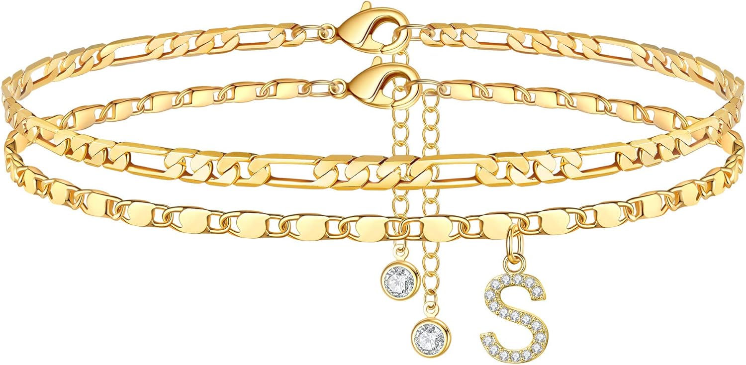 Ursteel Ankle Bracelets for Women, 14K-Gold-Plated Dainty Layered Chain CZ Initial Anklets Set Summer Jewelry Gifts for Women