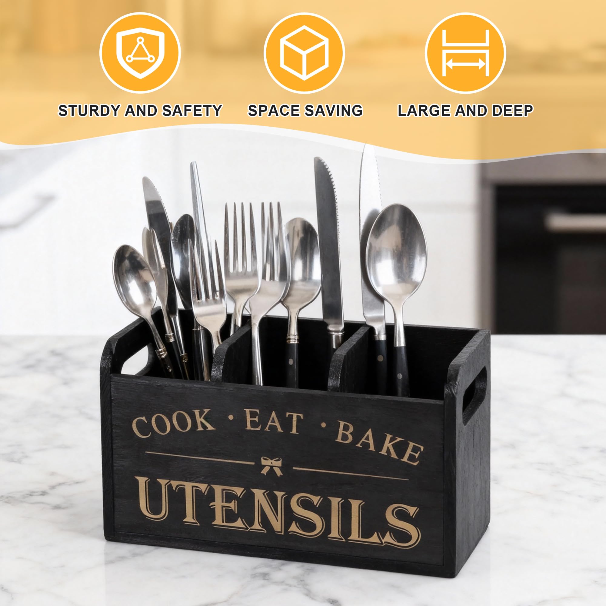 Zocipro Küchen Utensilien Halter aus Holz mit Abflusslöchern, 3 Fächer fester Kitchen Utensilhalter für Küchentheke, Kochwerkzeuge für Bauernhäuser für Arbeitsplatten, Schwarz
