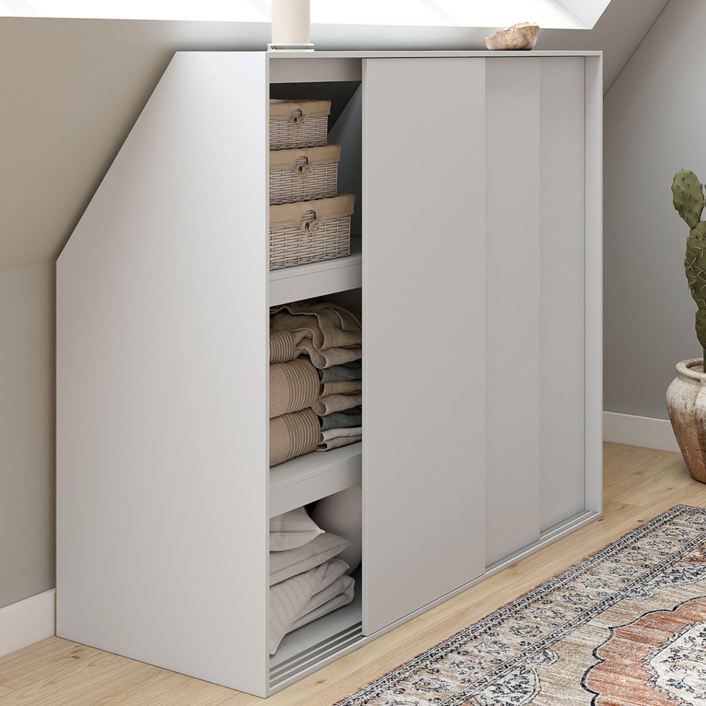 IDMarket - Armoire sous Pente 3 Portes coulissantes 3 Niveaux TOMI 130 x 50 x 70/110 cm Blanc