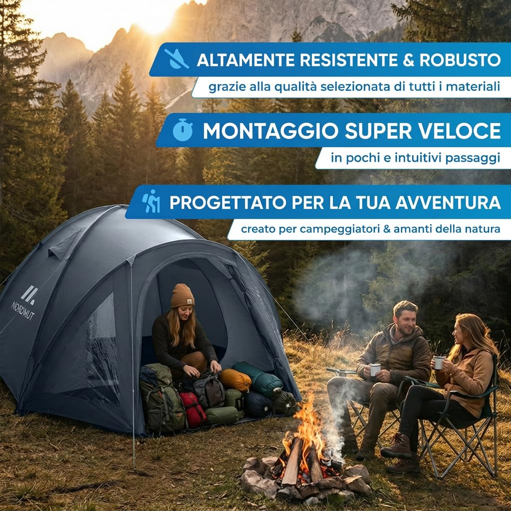 NORDMUT® Tenda da Campeggio 4 Persone Impermeabile & Leggera – Tenda a Cupola con Anticamera Richiudibile – 2-4 Persone con Ottima Ventilazione & Piccolo Ingombro