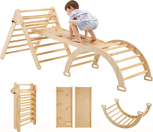 Pikler Triangle Set, 5 in 1 Montessori Climbing Set, Wooden Pikler Climbing Set Indoor Jungle Gym for Kids Ages 1-3, Arch and Foldable Climbing Pikler Triangle, Climbing Toys