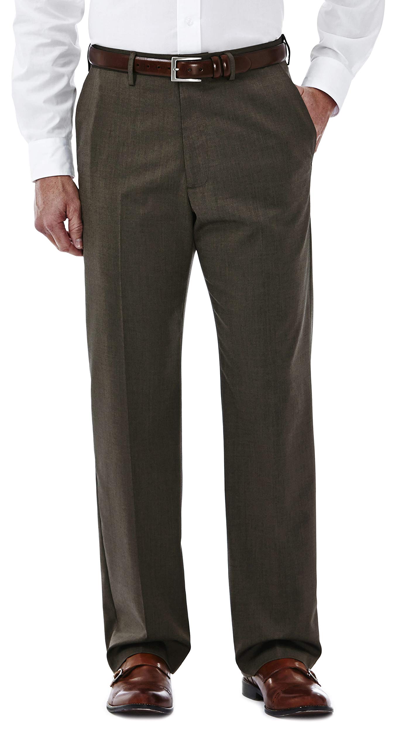 Haggar Mens Premium Stretch Solid Gabardine Expandable Waist Plain Front Dress Pant