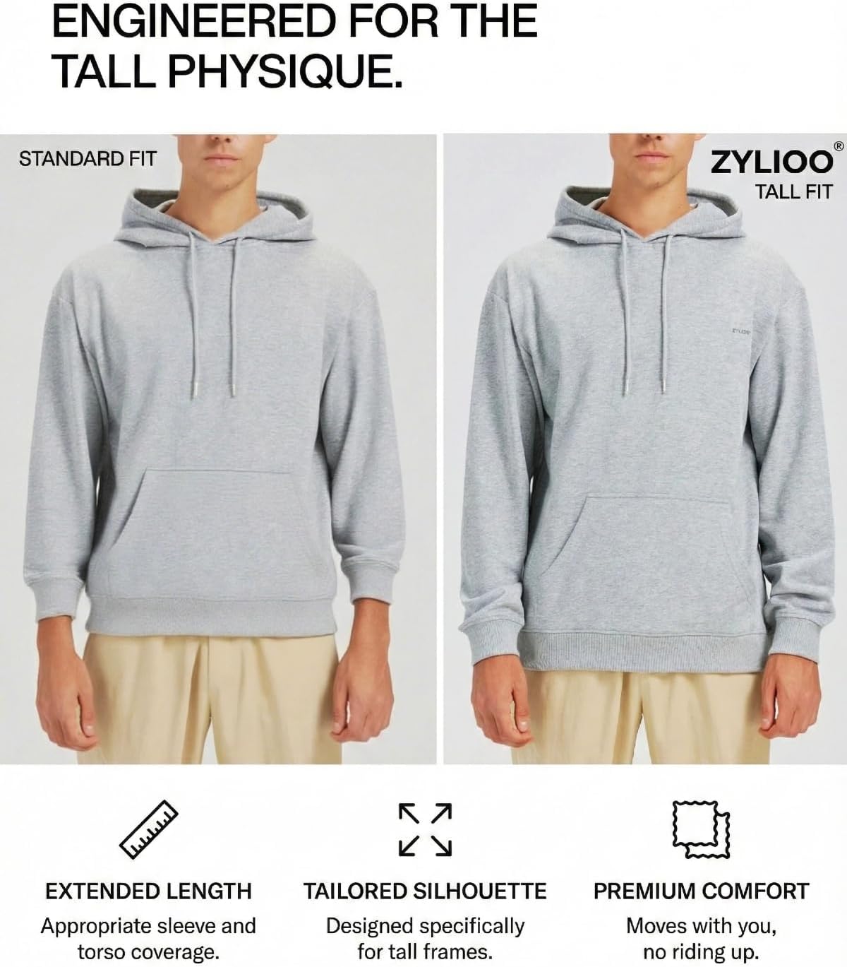 Zylioo Mens Tall Hoodie Pullover Long Sleeve Crewneck Sweatshirt with Pocket Soft Lounge Tall Hoodies Long Hoodie Men - Image 5