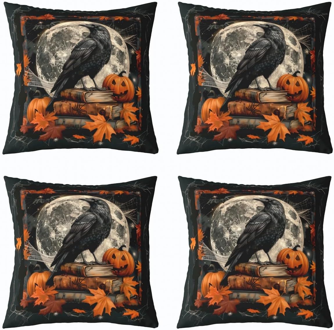 Halloween Cushion Cases 2 Piece Gothic Crow Throw Pillow Covers For Sofa Couch Bed Home Outdoor Car Raven Pumpkin Black Cushion Covers 22X22 Inch Moon Maple Leaf Vintage Decorative Square Pillowcases