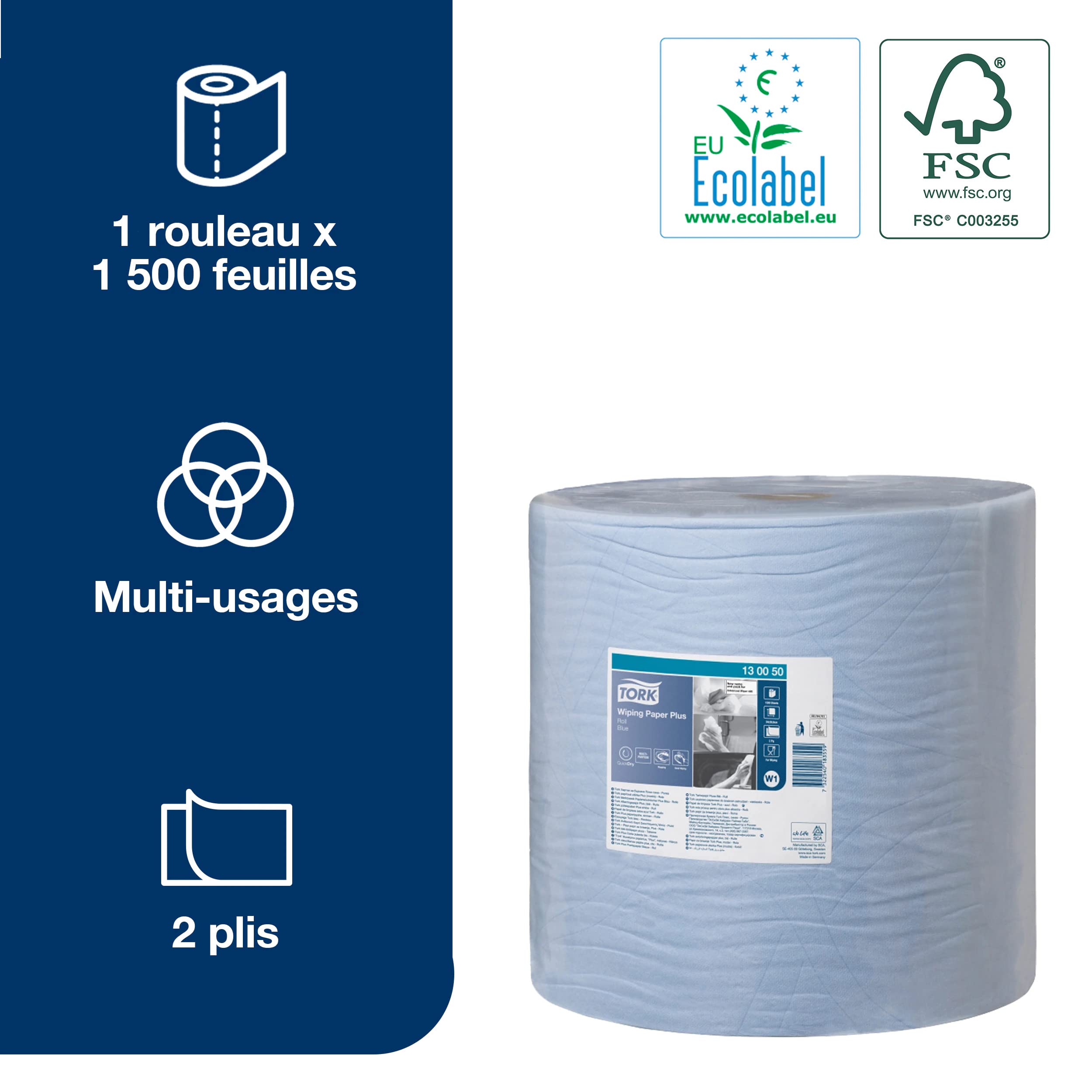 Tork 130050 Wiping Paper Plus / 2 Ply Absorbent, QuickDry Paper Roll Suitable for Tork W1 Wipers Wall/Floor/Standard System / Blue / 1 x 510m / Ø 39cm