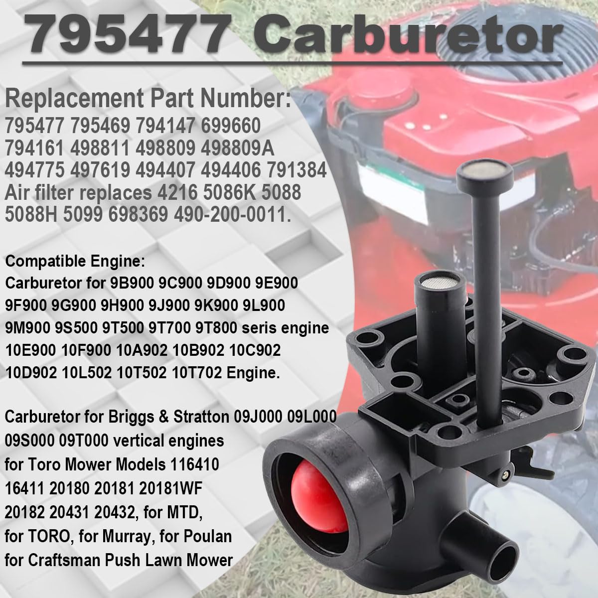 795477 Gaźnik 795469 794161 794147 497619 | 795475 699660 498811 494407 09J000 09L000 494775 499809 498809 498809A Kosiarka z filtrem powietrza
