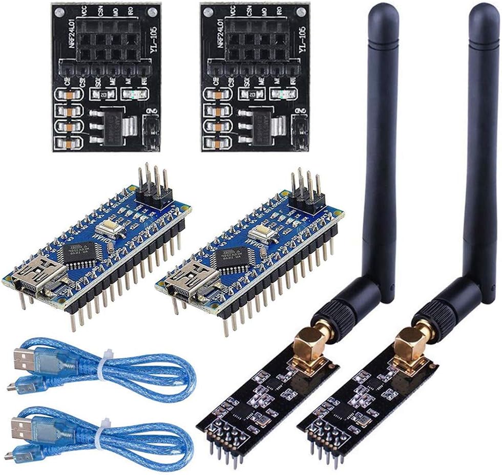 WayinTop 2Set Wireless Transceiver Receiver with Tutorial, NRF24L01+PA+LNA RF Module with SMA Antenna 2.4 GHz 1100m + NRF24L01 Regulator + Nano V3.0 ATmega328P Board for Wireless Communication System