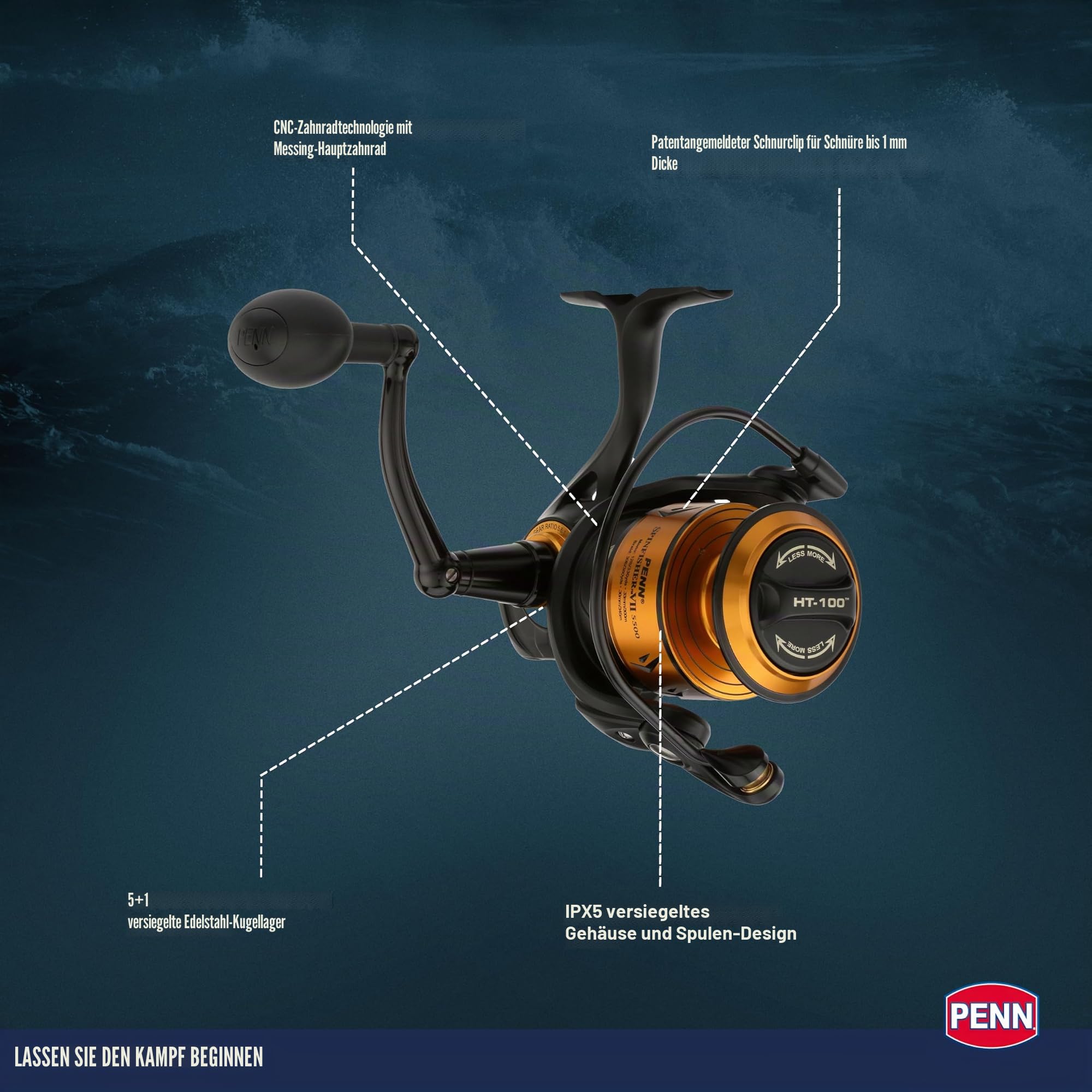 Penn Spinfisher VII Spinnrolle, Live Liner & Longcast | Salzwasser-Seeangelrolle mit IPX5-Dichtung und CNC | Angler für Boot, Küste, Brandung und Felsen | Mehrere Größen | Schwarz-Gold
