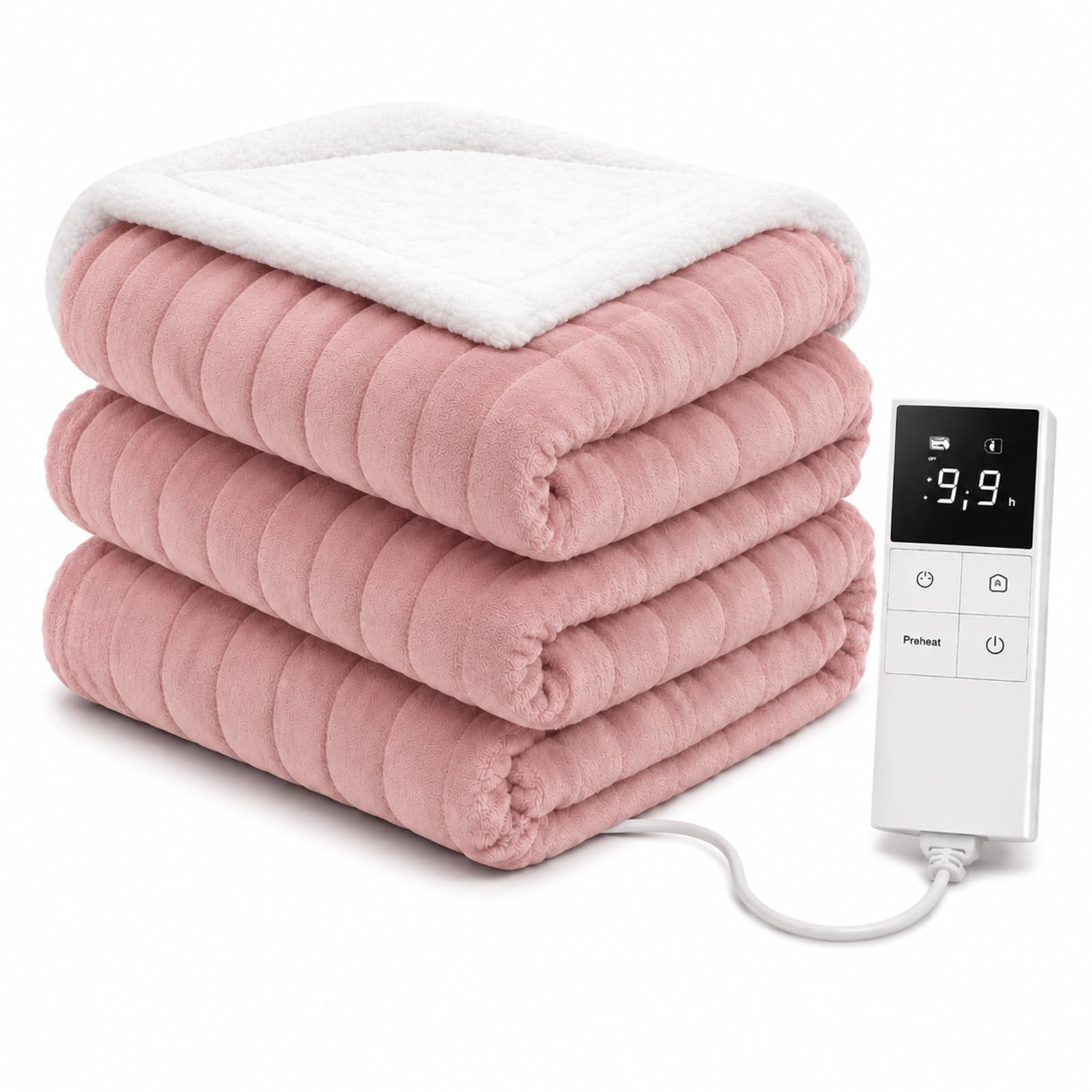 LEVSON Electric Blanket 160 x 120cm, Heated Throw with 9 Heat Settings, Memory Function, 1-9H Timer, 80W Fast Heating, Auto Temp Control, Auto Shut Off, Overheat Protection (Pink, 180 * 130cm)