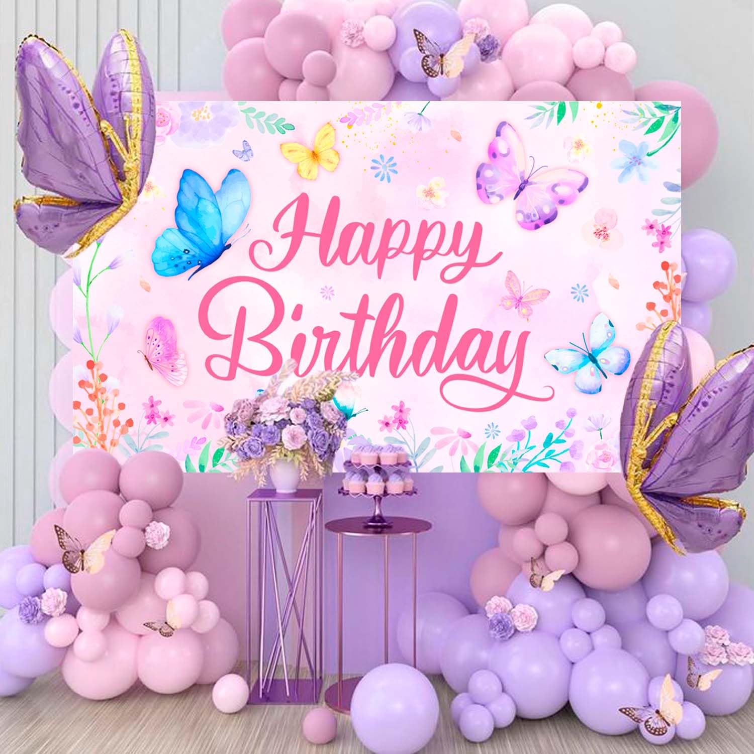 Farfalla Buon Compleanno Sfondo, 71'' x 43'' Sfondo Floreale e Farfalla Festa di Compleanno per Decorazione di Compleanno a Forma di Farfalla