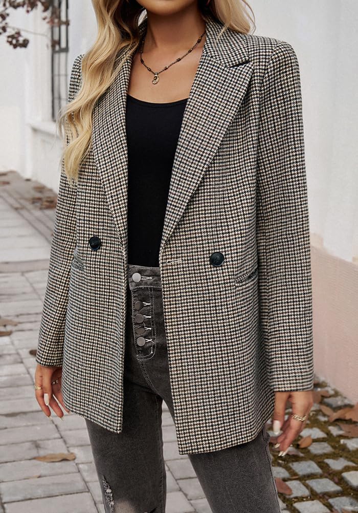 Womens Casual Blazer Open Front Lapel Houndstooth Jacket Blazers Bussiness Work Office Suits with Pockets