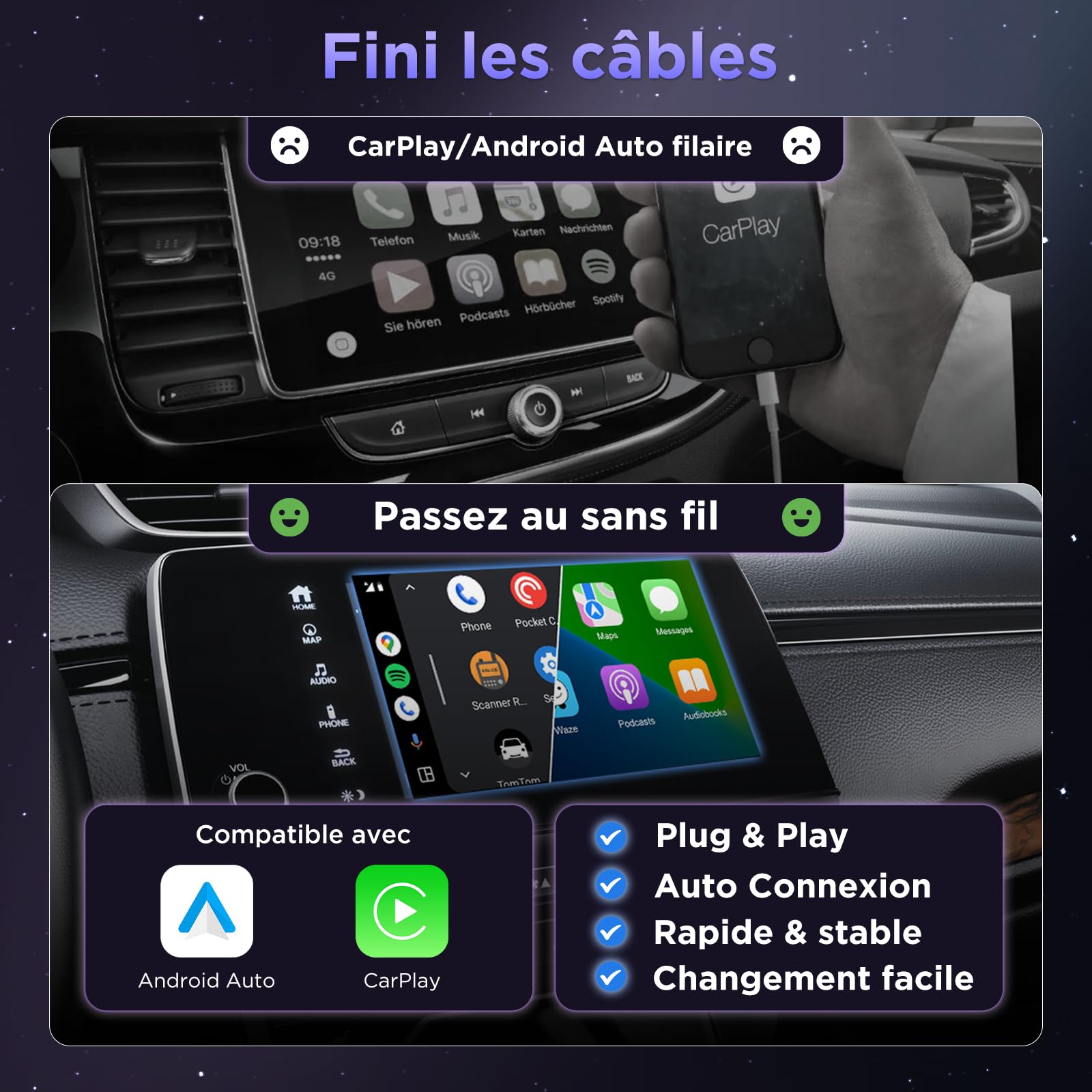 MSXTTLY Adaptateur CarPlay sans Fil Android Auto - U2AC-01 Transforme CarPlay & Android Auto Filaire en sans Fil, Compatible avec iPhone 12–17 Pro Max & Android 11+, USB-C/A, Noir