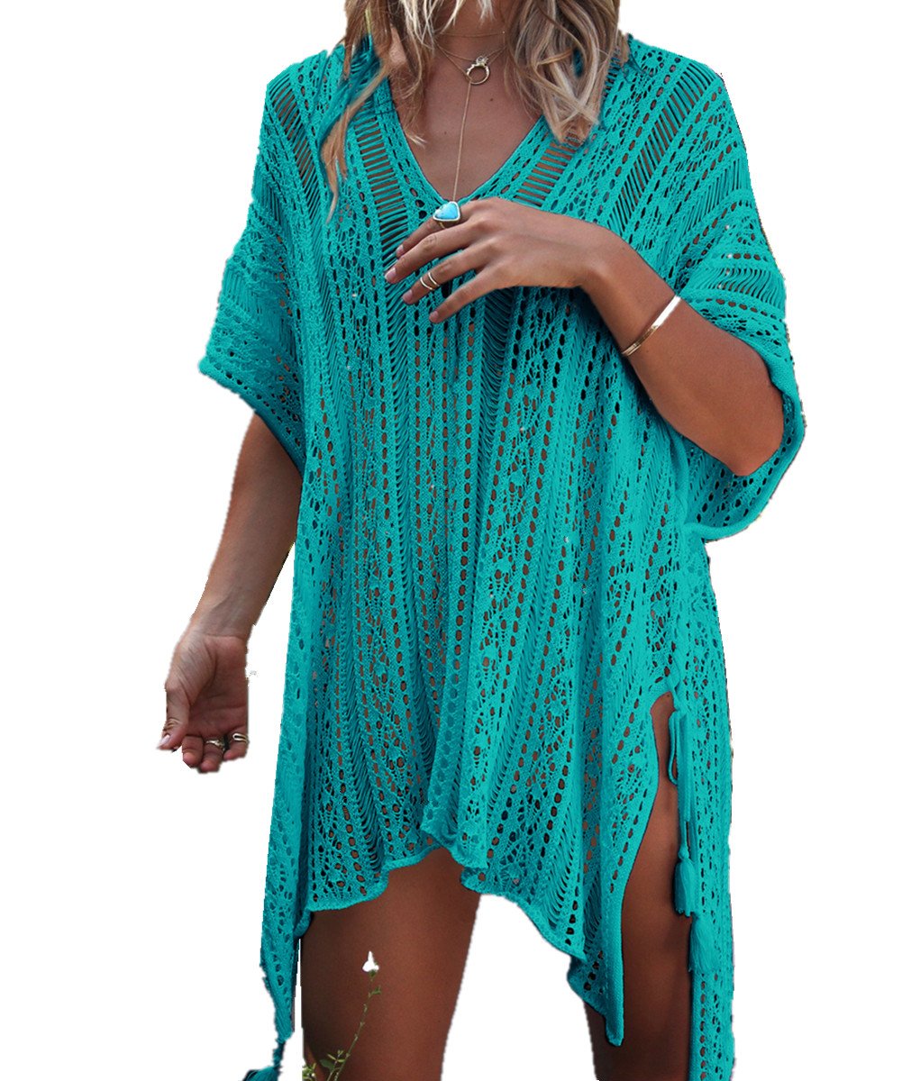 YouKD Women's Hollow Knit Tunic See-Through Crochet Tops Beach Cover Poncho Summer Beach Cover Up Dress B Green