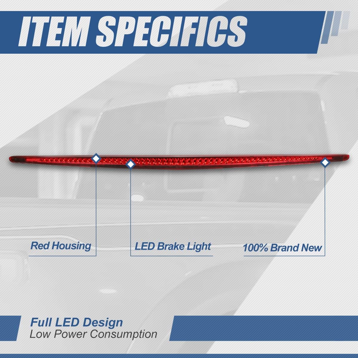 Auto Dynasty LED 3rd Third Brake Light Compatible with 2006-2011 Cadillac DTS 06 07 08 09 10 11, Full LED Rear Center Lamp High Mount Stop light Tail Brake Light, Chrome Housing Red Lens