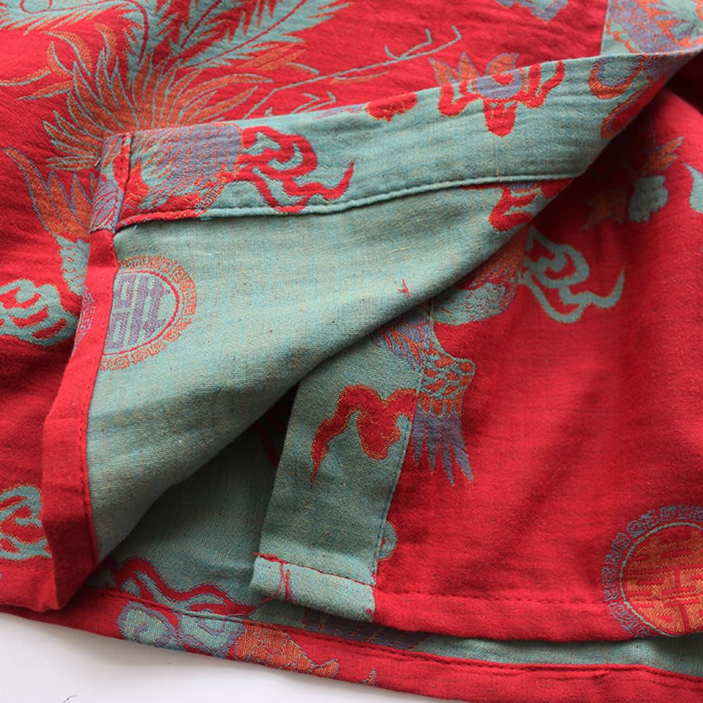 Camisón de Algodón de Doble Gasa Tradicional Hanfu de Longitud Media con Estampado, Cinturón de Lazo, Bata Pijama Holgado, Camisón Cómodo para Sudoración, Yukata, Traje de Sauna, Ropa de Dormir