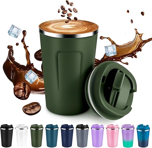 Volhoply Taza de café de viaje de doble pared aislada al vacío de 12 onzas con tapa abatible, taza de café reutilizable de acero inoxidable a prueba