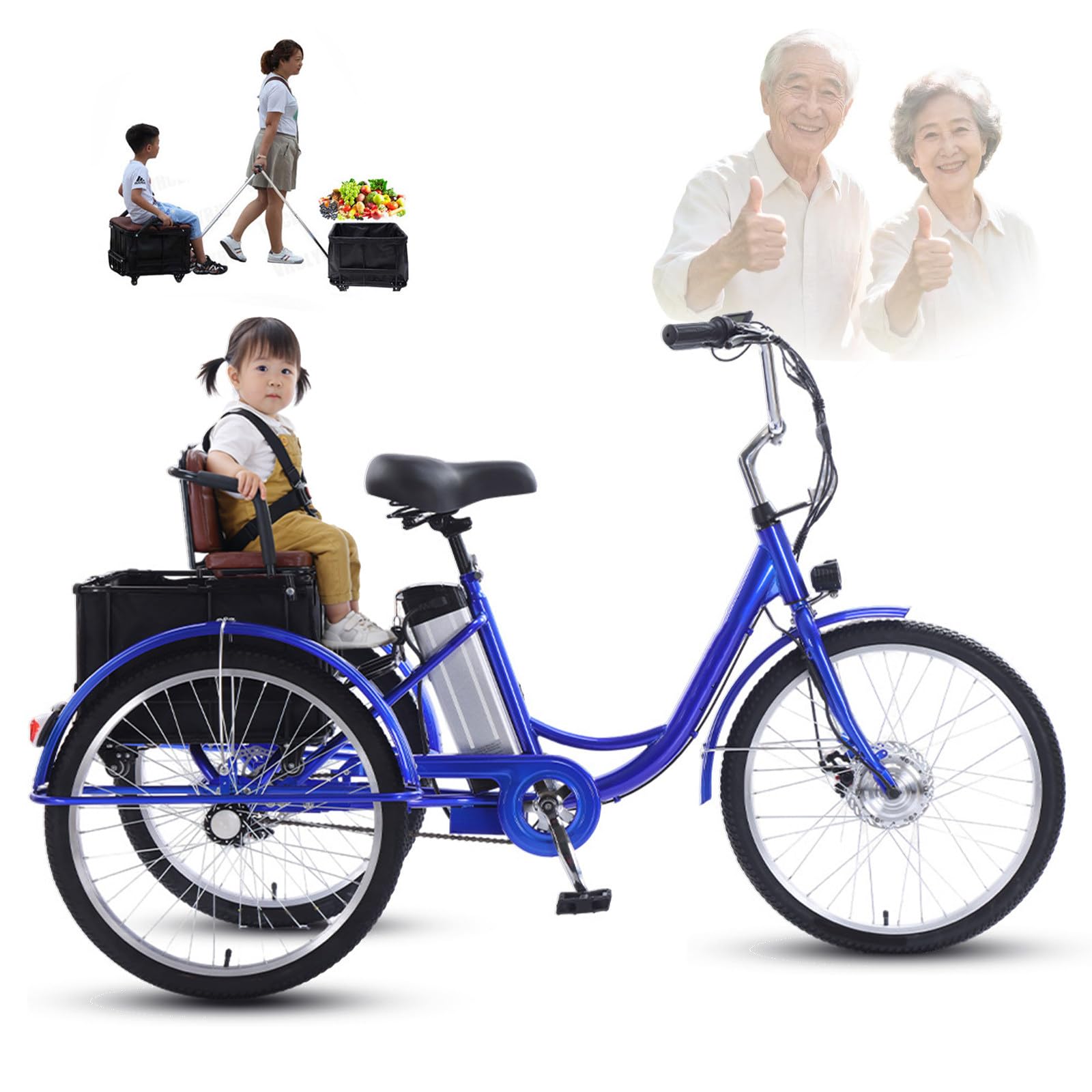 Triciclo elettrico per adulti da 24", triciclo tandem con seggiolino per bambini e cestino portaoggetti, freno sensibile, facile da affrontare in salita, portata massima 136 kg (300 libbre)
