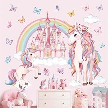 decalmile Large Unicorn Rainbow Wall Stickers Pink Castle Butterfly Wall Decals Baby Nursery Bedroom Girls Room Home Decor