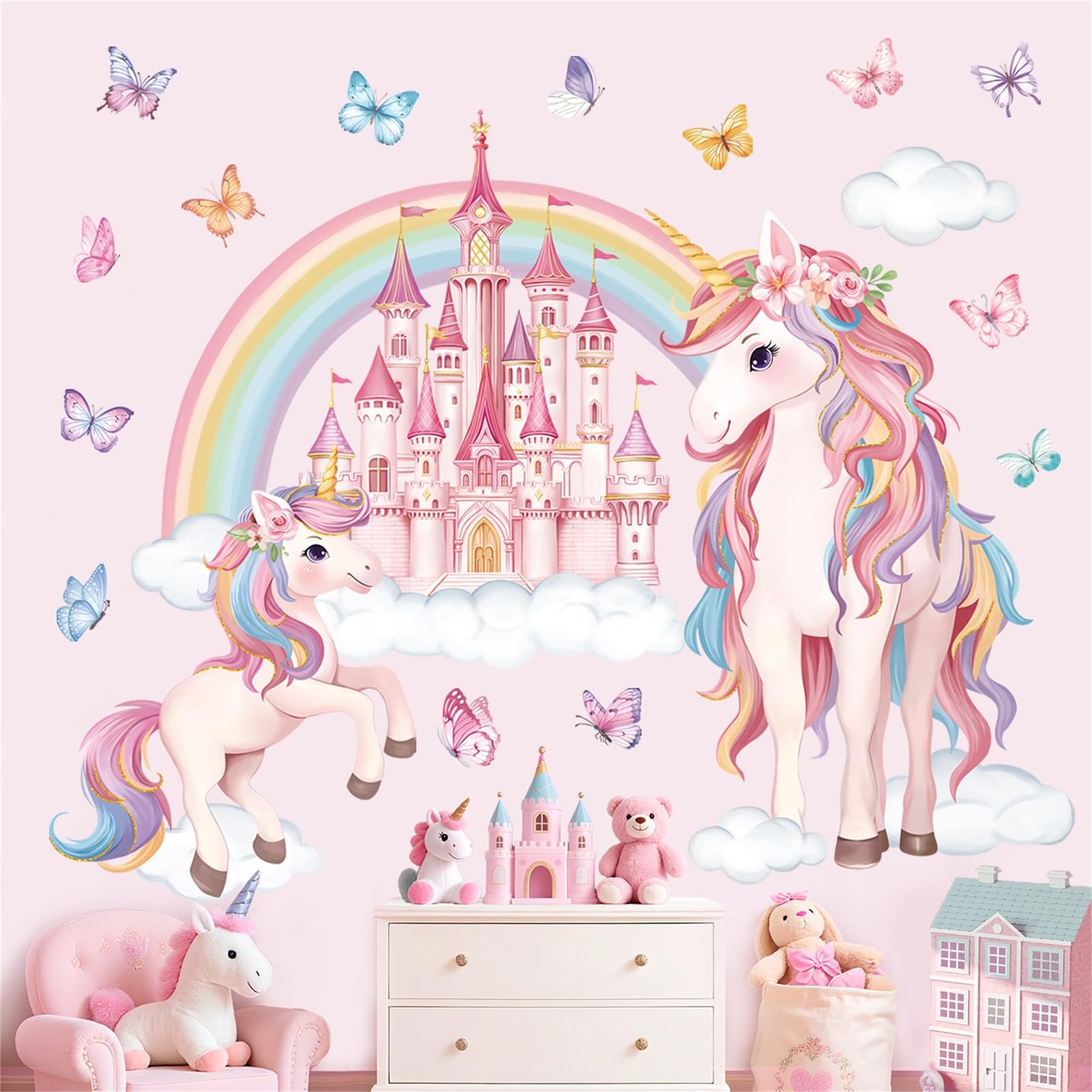 decalmile Large Unicorn Rainbow Wall Stickers Pink Castle Butterfly Wall Decals Baby Nursery Bedroom Girls Room Home Decor