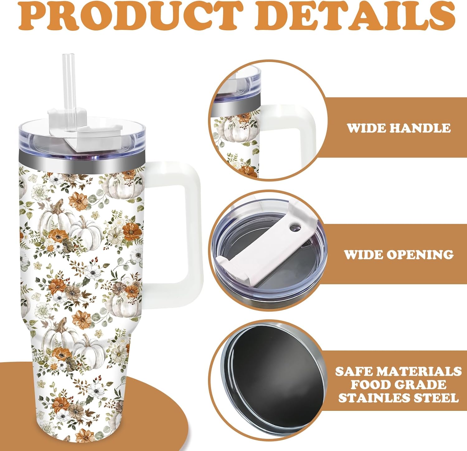 40oz Fall Pumpkin Tumbler with Handle Straw and Lid, White Pumpkin Retro Floral Travel Tumbler Watercolor Stainless Steel Cup Coffee Cup for Autumn Thanksgiving Party Home Office - Image 3