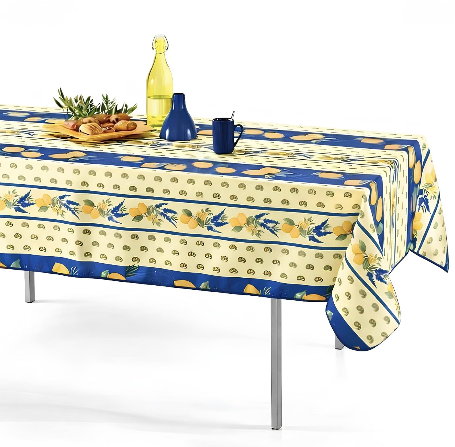 Promo Linge Blue Provençal Rectangular Stain-Resistant Tablecloth 150 X 240 Cm Lemon 100% Polyester