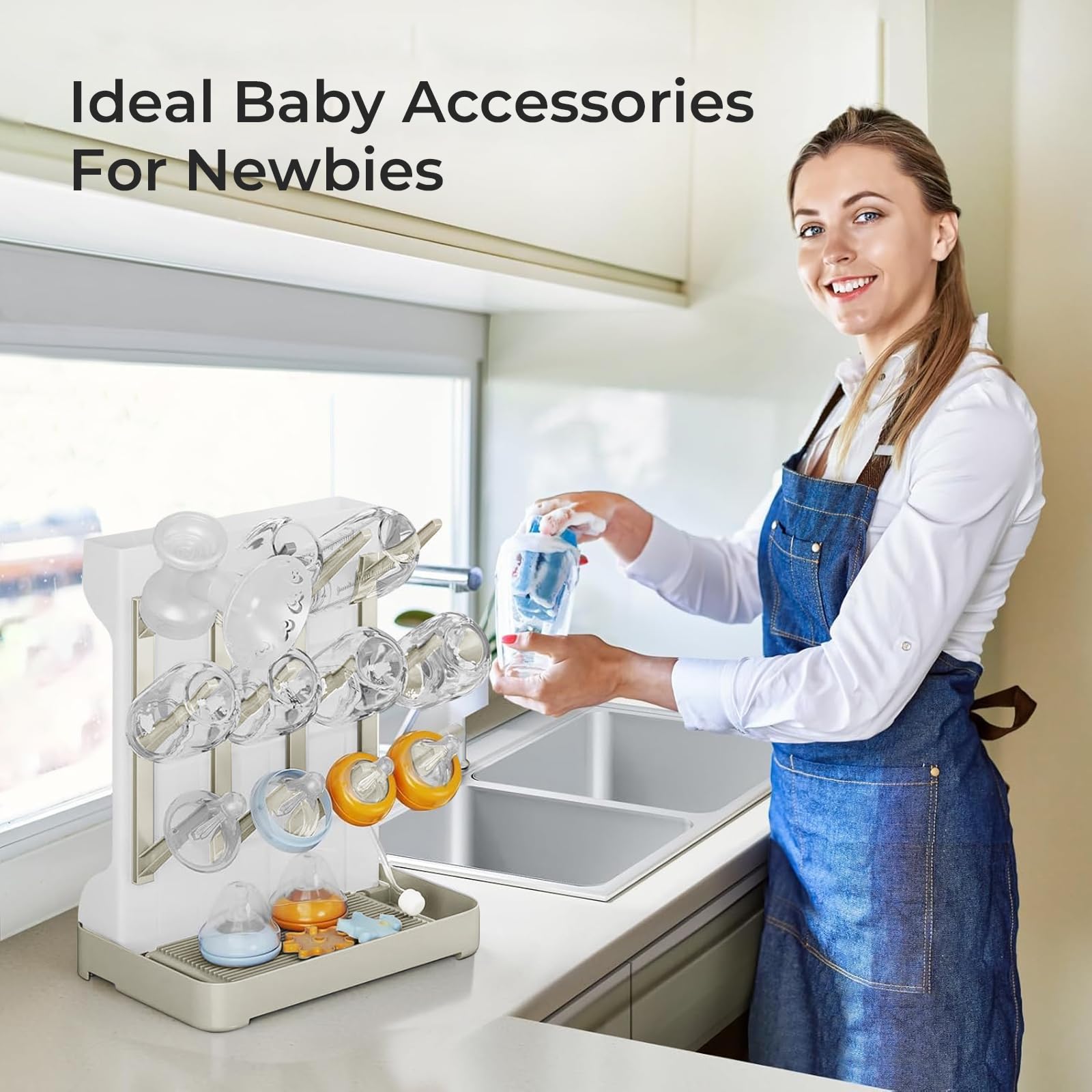 Scola Biberon Grande, Supporto Verticale per Scolabiberon, Rastrelliere Asciuga Biberon per Scolabiberon e Accessori per Neonati, Scaffale di Essiccazione Della Biberón Del Bambino (Beige)