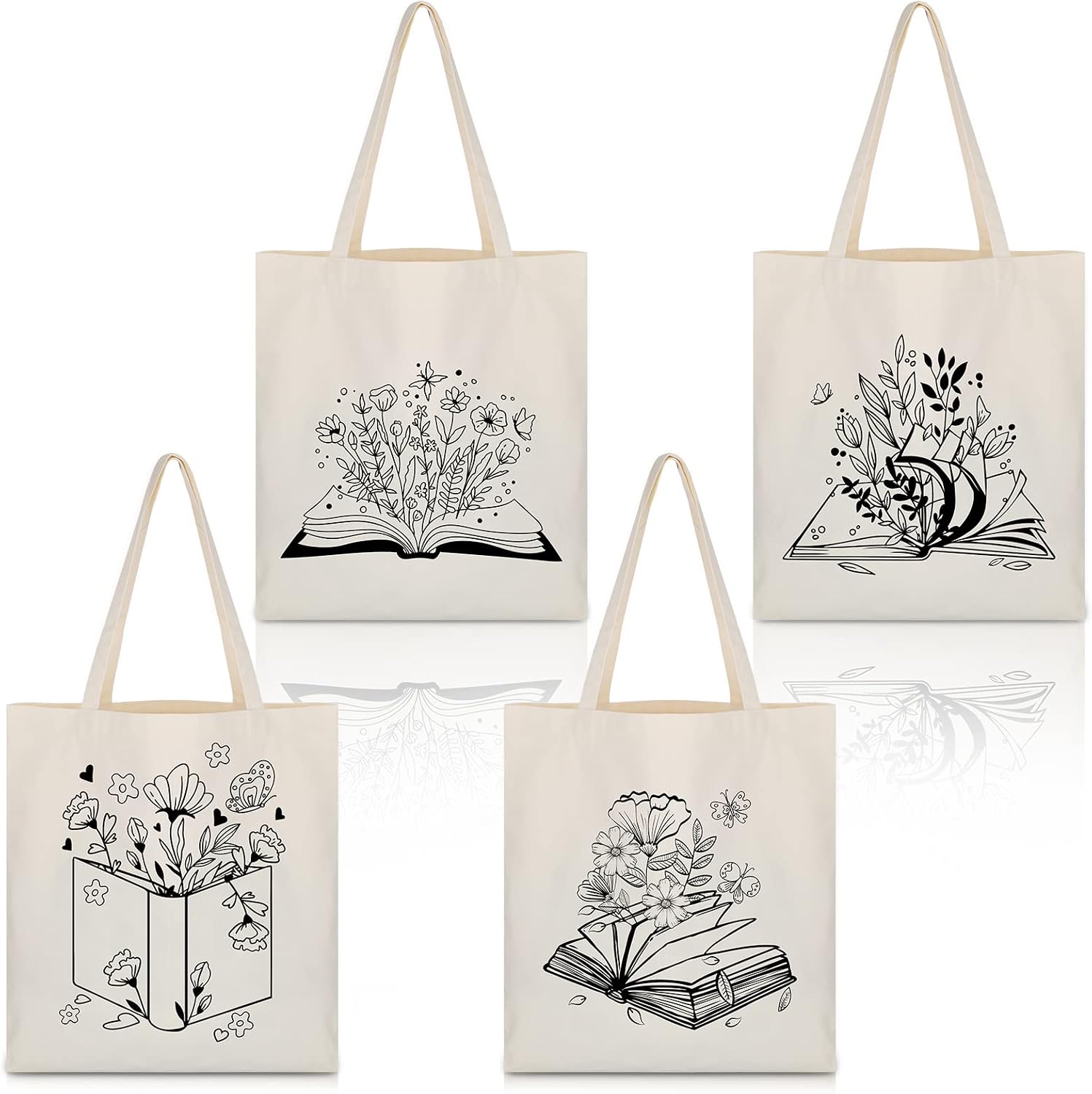 Oudain 4 Pcs Canvas Tote Bag for Women Floral Black Cat Canvas Tote Aesthetic Reusable Grocery Bags Cute Gifts for Cat Lover