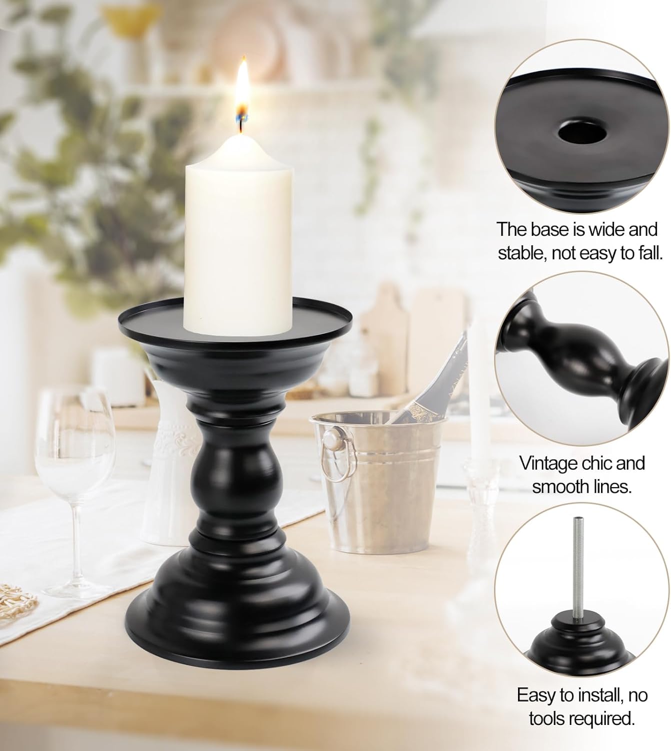Black Metal Candle Holders Set of 3, Both-use Retro Candle Holders for Pillar Candles,Decorative Candlestick Stand for Farmhouse Fireplace Home Table Centerpiece - Image 3