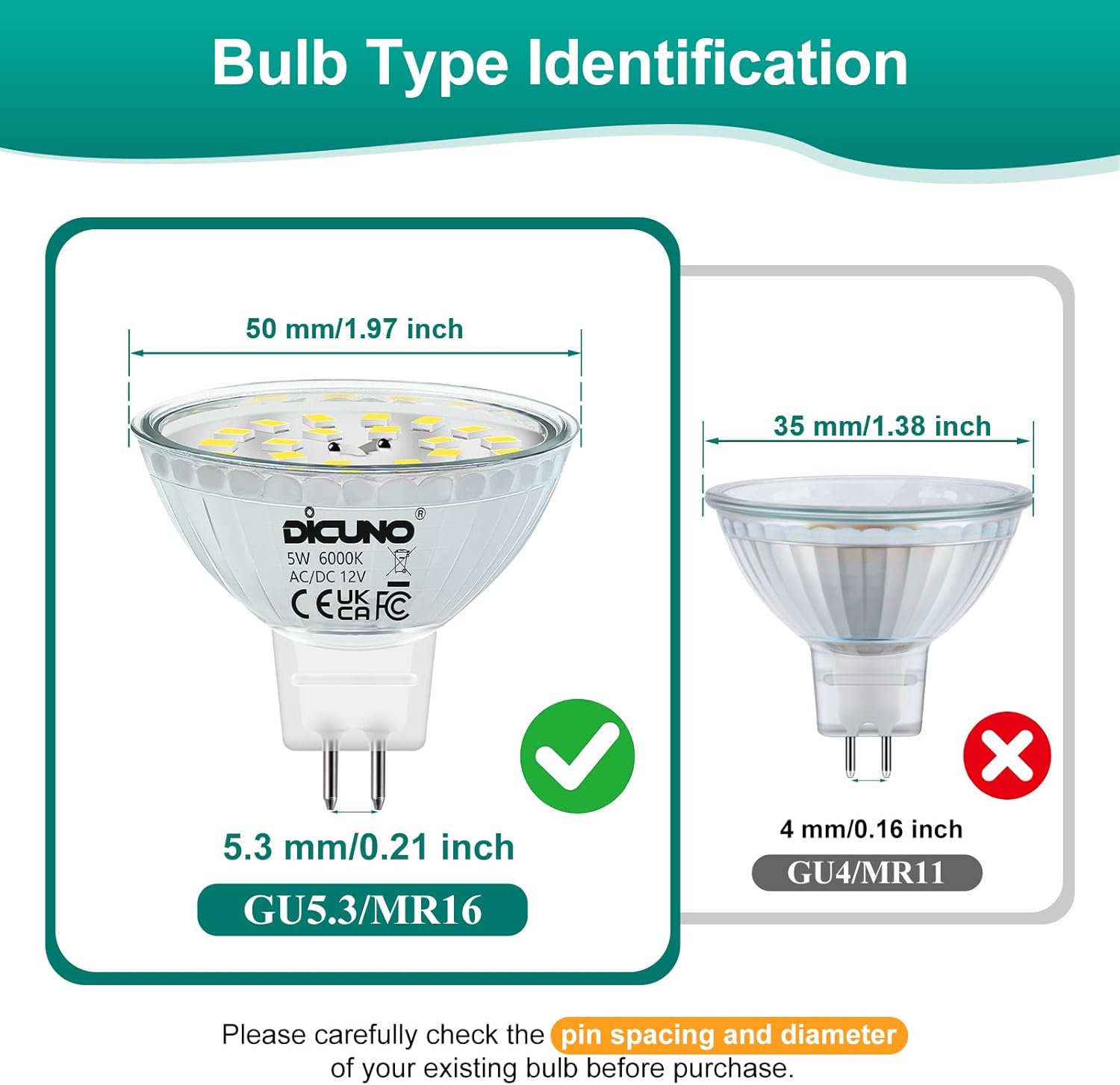 DiCUNO GU5.3 LED Bulb, Non-dimmable 12V MR16 Spotlight Bulb, Daylight White 6000K, 500LM, 5W, 50W Halogen Replacement for Track Lighting, Recessed Lighting, 6 Pack