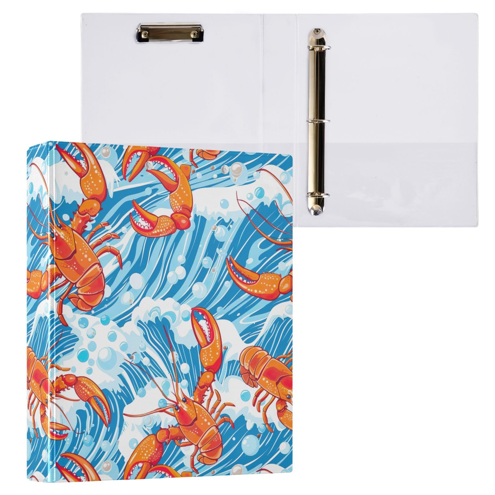 Ringbuch mit 3 Ringen, 3,8 cm, Orange, Hummer, Blau, Meereswellen, runder Ringordner mit 3 Innentaschen, einfacher Ordner-Organizer für Schule, Bürobedarf, 2 Stück